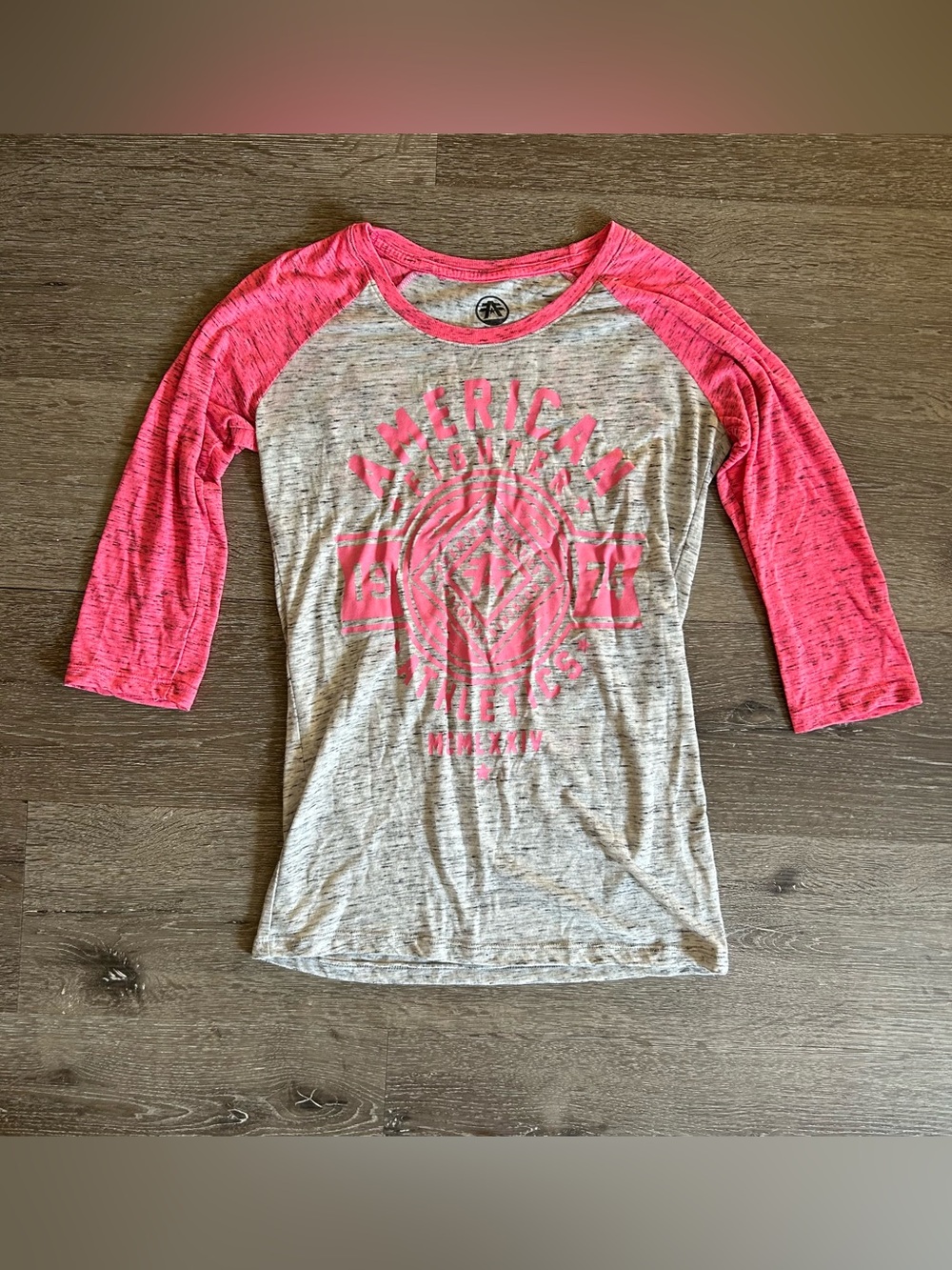 Small American Fighter 3/4 Sleeve Crew Neck Pink and Gray Shirt